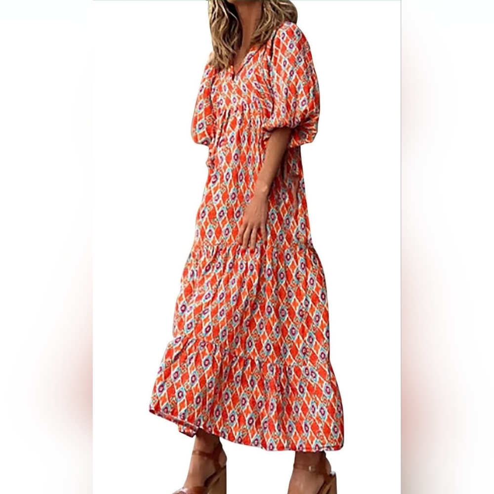 Drop Waist Rust and White Maxi Dress Puff Sleeve Size Small